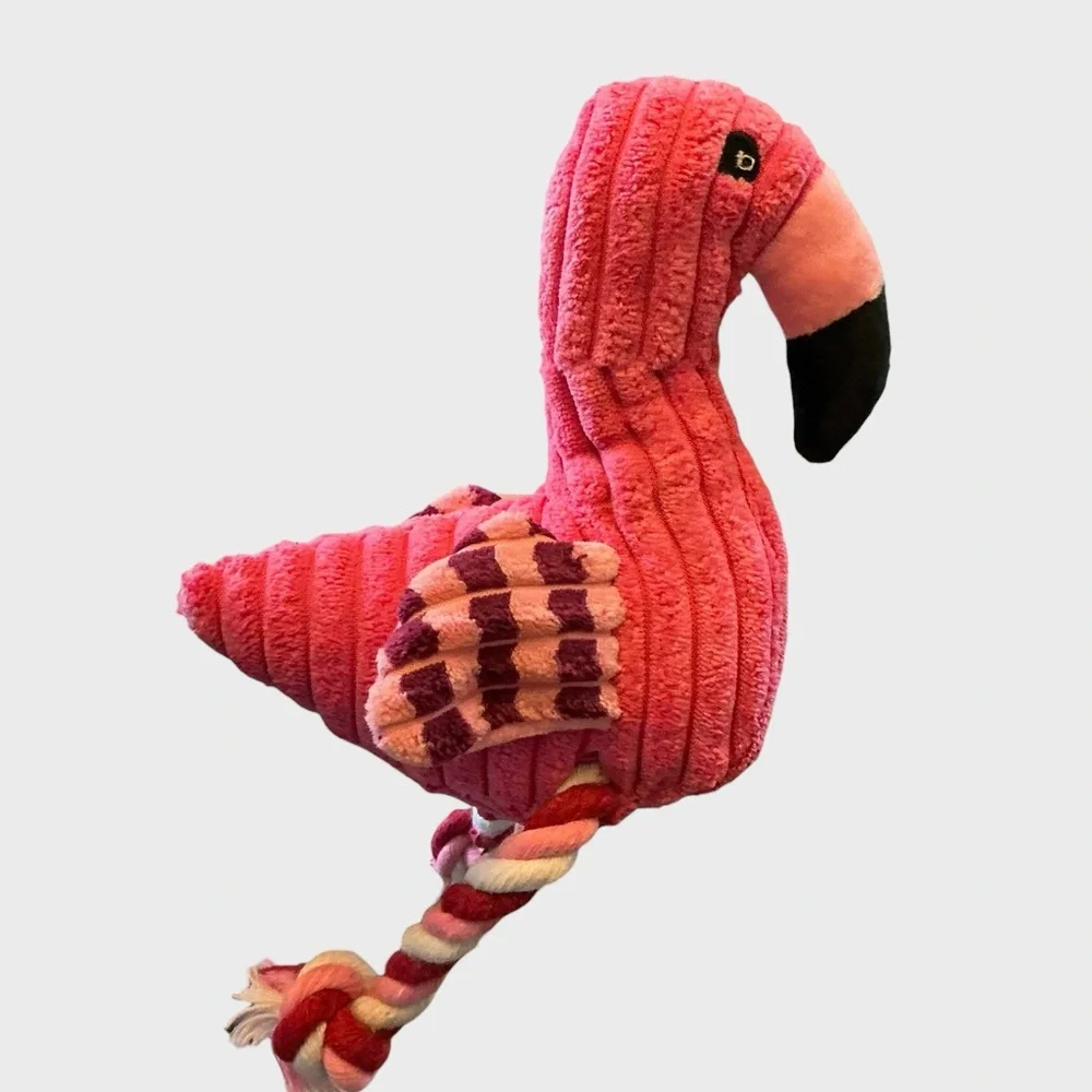 Pink Flamingo Plush Dog Toy Rope Legs Crinkle Squeaky 11” NWT
